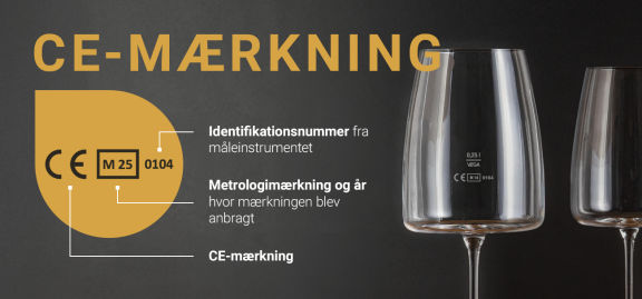 Eksempel ved illustration af et glas med CE-mærkning og beskrivelse